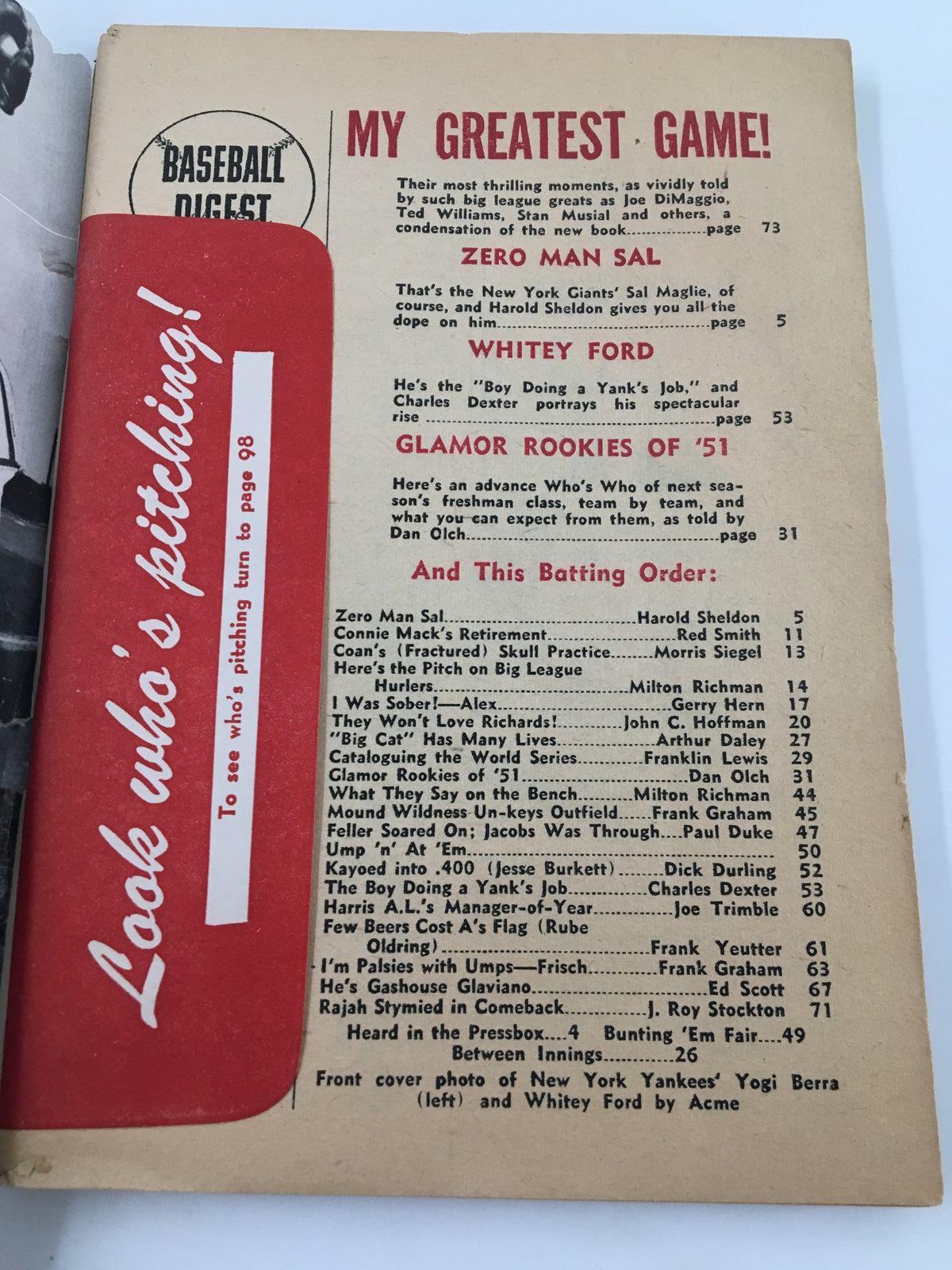 Back cover of the VTG Baseball Digest Magazine January 1951 displaying content information including articles about Yogi Berra and Whitey Ford.