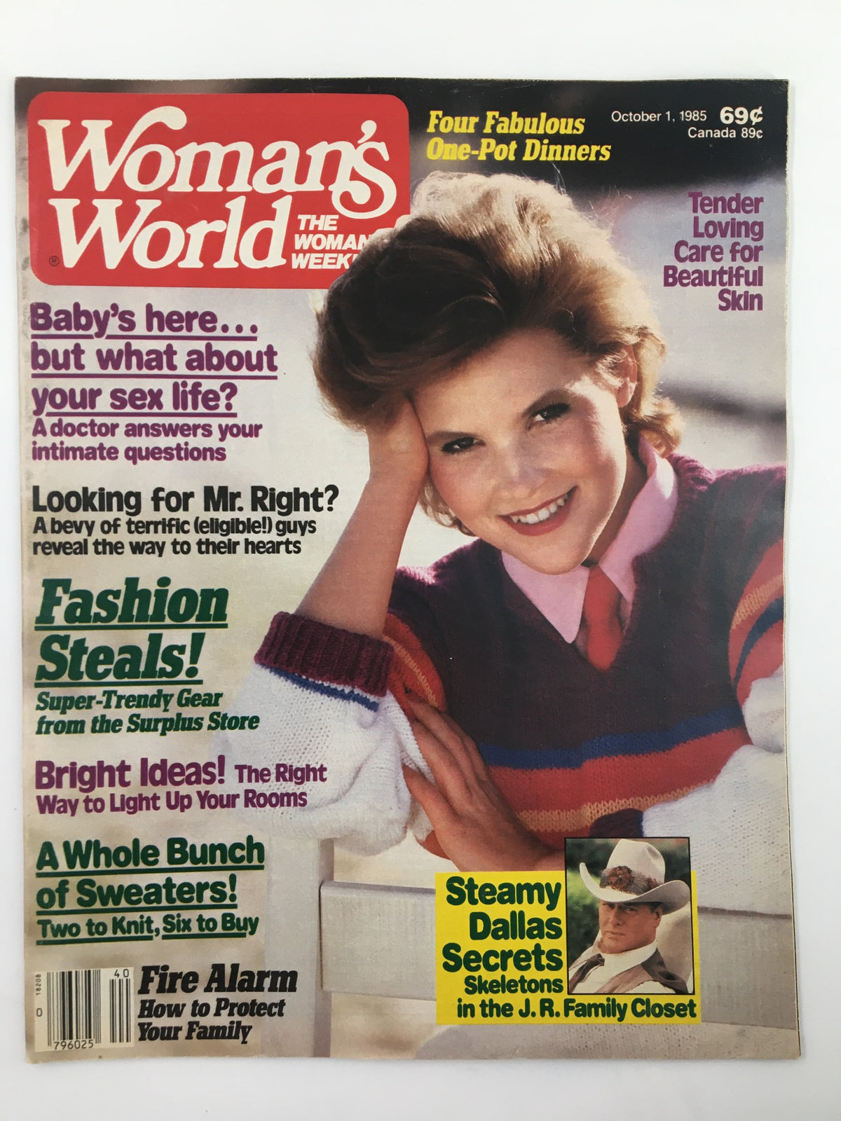 Woman's World Magazine, October 1, 1985, featuring the cover story 'Tender Loving Care for Beautiful Skin'. The cover includes headlines about fashion steals, cooking ideas, and personal advice, along with a model showcasing a stylish outfit.