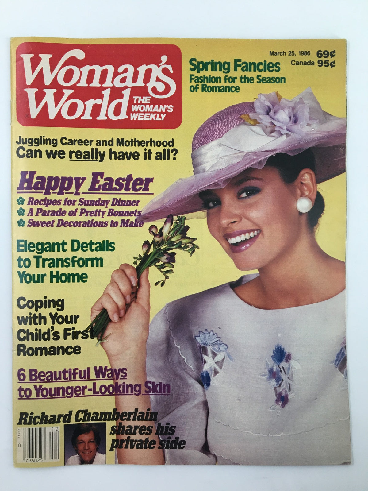 Cover of Woman's World Magazine from March 25, 1986, featuring Spring Fancies Fashion, with a model in a stylish hat and floral attire, showcasing articles on juggling career and motherhood, Easter recipes, home decor tips, and beauty advice.