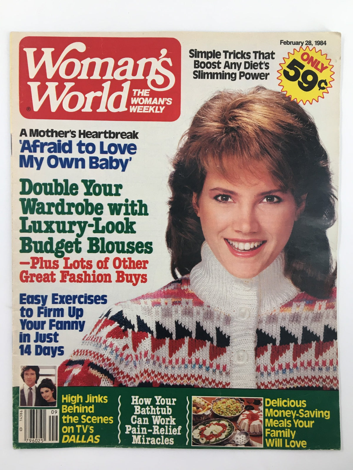Cover of Woman's World Magazine February 28 1984 featuring articles on fashion, beauty, and health tips, highlighting content like 'Afraid to Love My Own Baby' and 'Double Your Wardrobe with Luxury-Look Budget Blouses'.