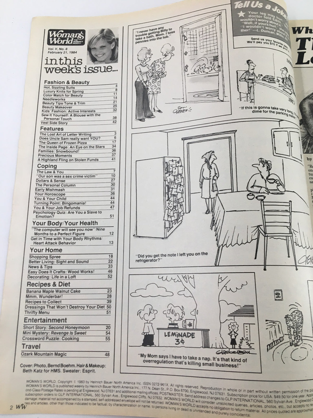 Inside page of Woman's World Magazine February 21 1984 displaying the table of contents with sections on fashion, beauty, recipes, and entertainment, along with illustrations and humorous content.