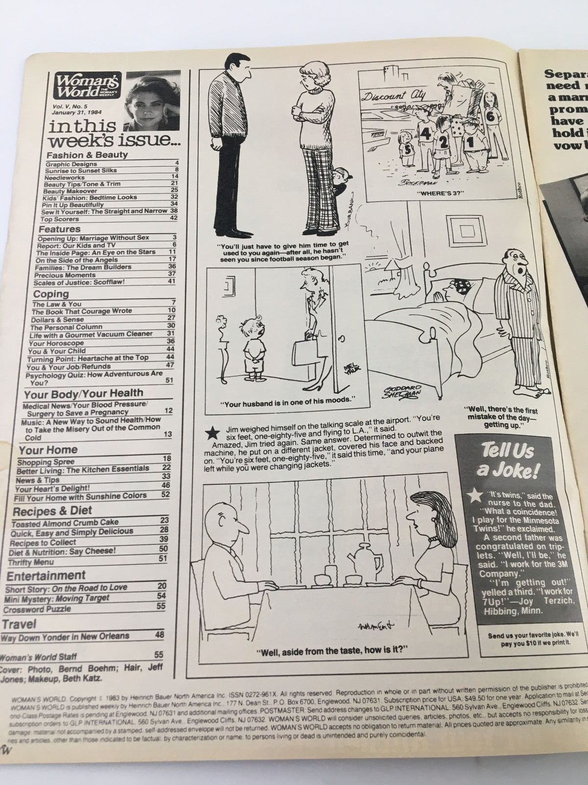 A page from Woman's World Magazine January 31, 1984, featuring a humorous comic strip and a table of contents listing various articles on fashion, health, and recipes.