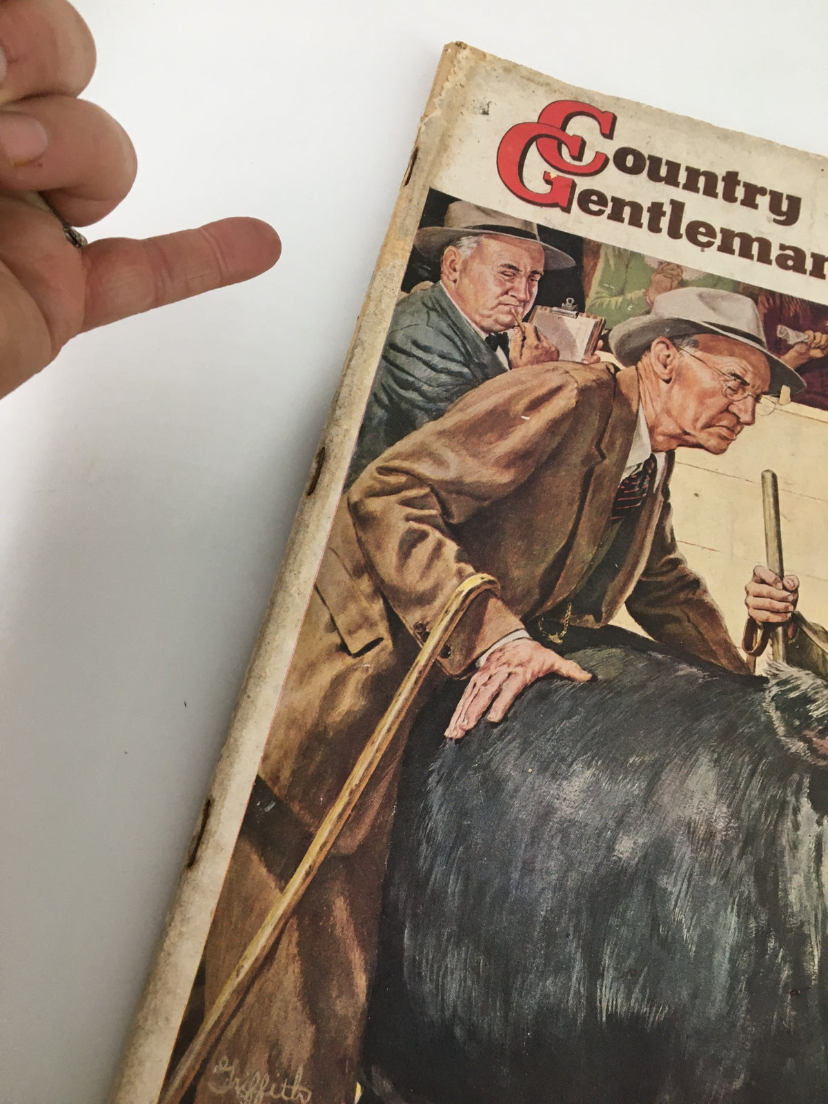 Close-up of the VTG Country Gentleman Magazine November 1946 cover, showcasing a detailed illustration of rural characters interacting with livestock, embodying the essence of mid-20th century Americana.