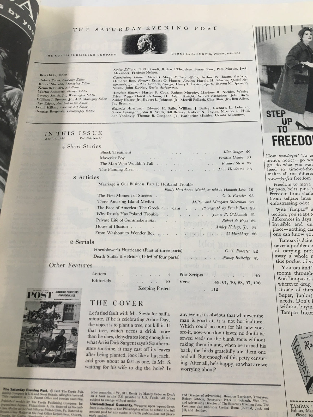 Inside page of The Saturday Evening Post from April 12, 1958, displaying the table of contents and editorial details, revealing a glimpse into the magazine's features including 'A Marriage Counselor's Confidential Life'. This page highlights the historical context of the magazine.