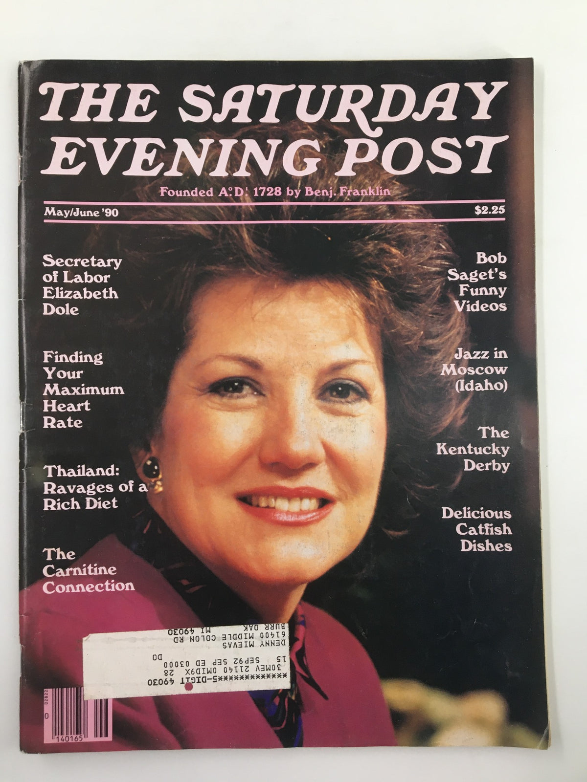 Cover of The Saturday Evening Post May 1990 issue featuring Secretary of Labor Elizabeth Dole and Bob Saget's Funny Videos, showcasing nostalgia and cultural trends of the early '90s.