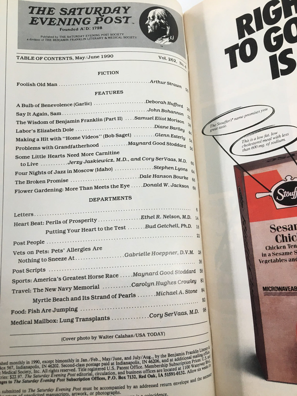 Table of contents from The Saturday Evening Post May 1990 issue, listing featured articles including those by Elizabeth Dole and Bob Saget.