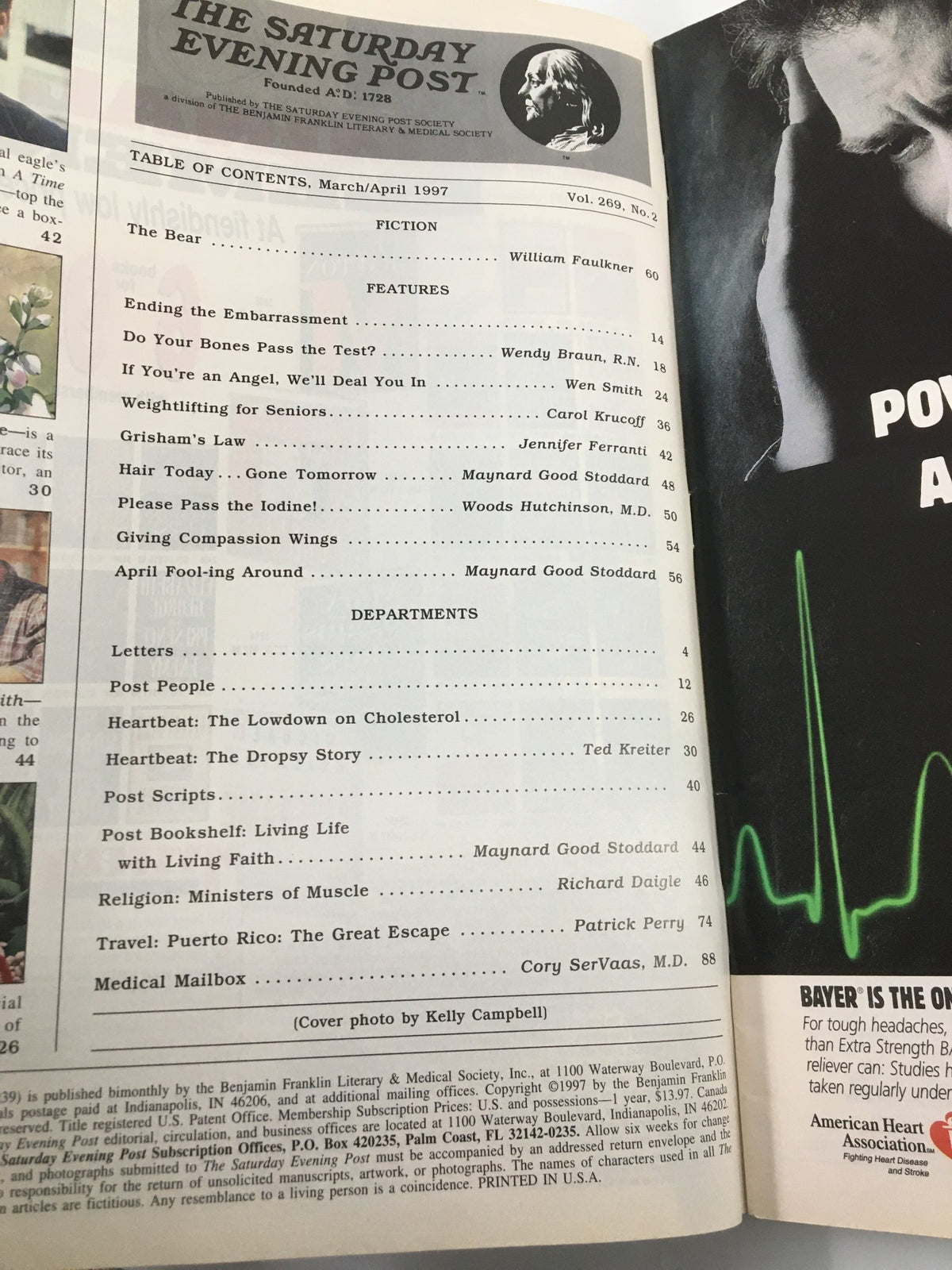 Inside page of The Saturday Evening Post March 1997 displaying the table of contents with featured articles.