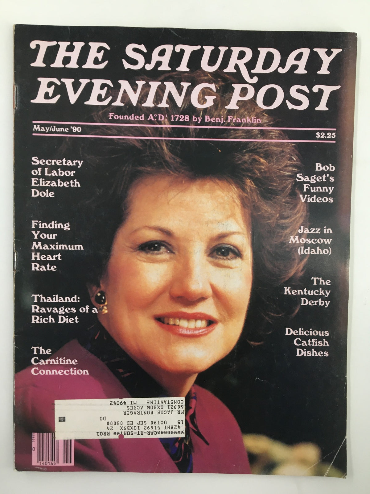 Cover of The Saturday Evening Post, May 1990 issue featuring Secretary of Labor Elizabeth Dole, highlighting jazz in Moscow, Idaho.