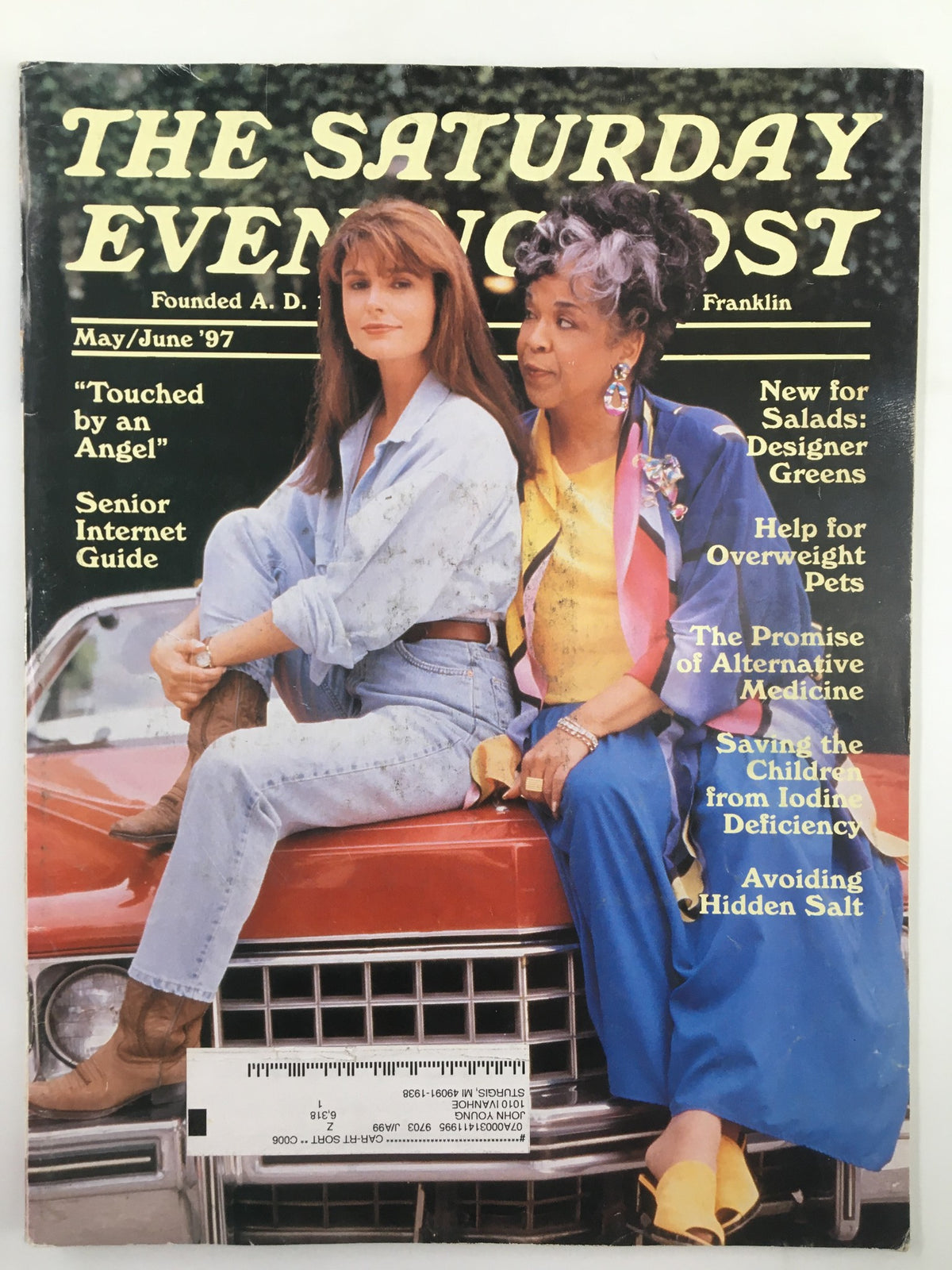 Cover of The Saturday Evening Post - May 1997 featuring the cover story 'Touched by an Angel' with two women in stylish 90s attire, showcasing cultural nostalgia and the magazine's iconic design.