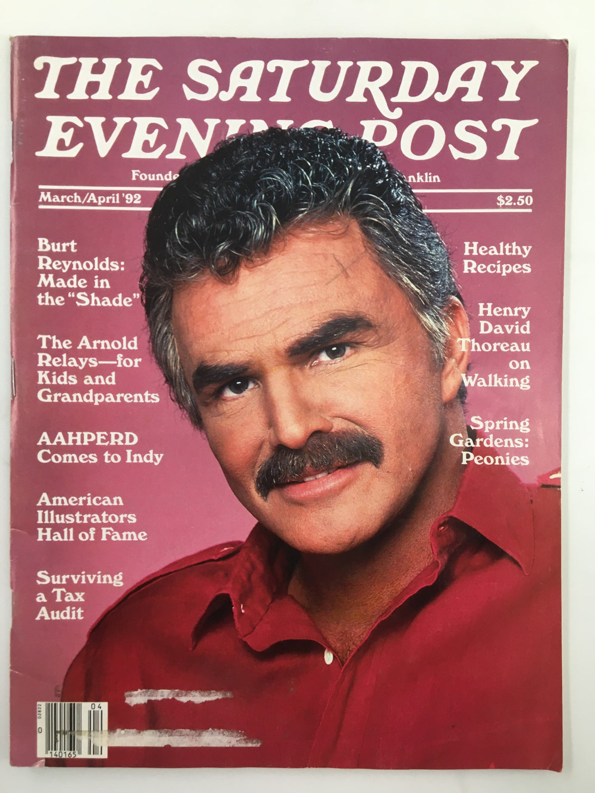Cover of The Saturday Evening Post, March 1992 edition featuring Burt Reynolds, showcasing his iconic portrait and articles related to Henry David Thoreau.