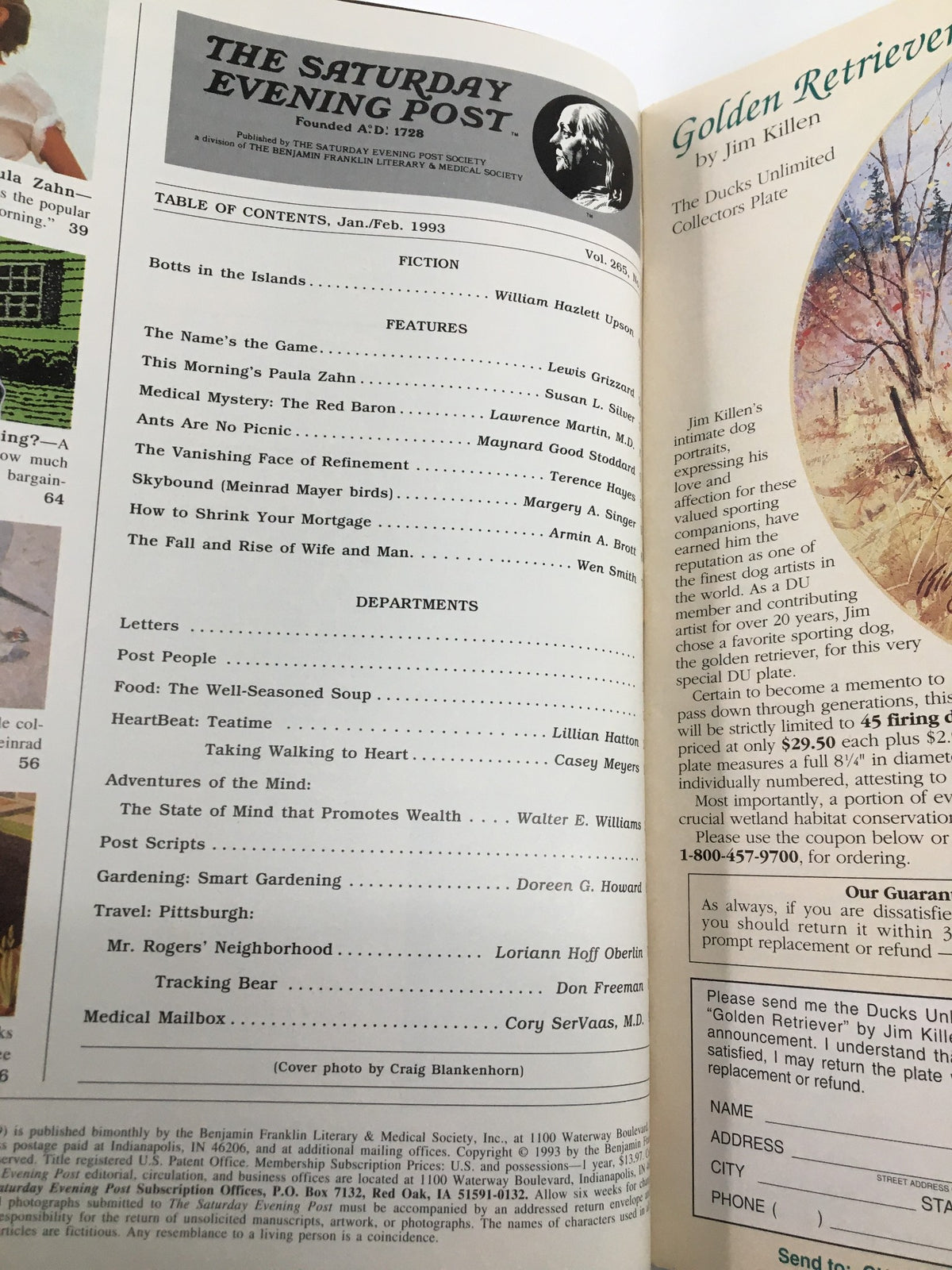 Inside page of The Saturday Evening Post January 1993 displaying the table of contents with featured articles and authors.
