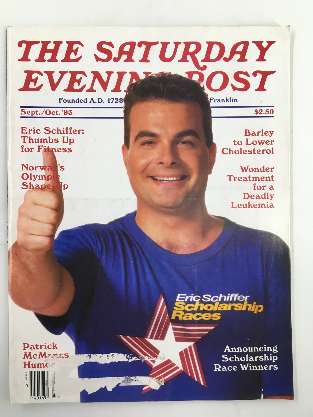 Cover of The Saturday Evening Post September 1993 featuring Eric Schiffer with a thumbs up, highlighting articles including 'Thumbs Up for Fitness'. The magazine showcases cultural insights from the early 90s.
