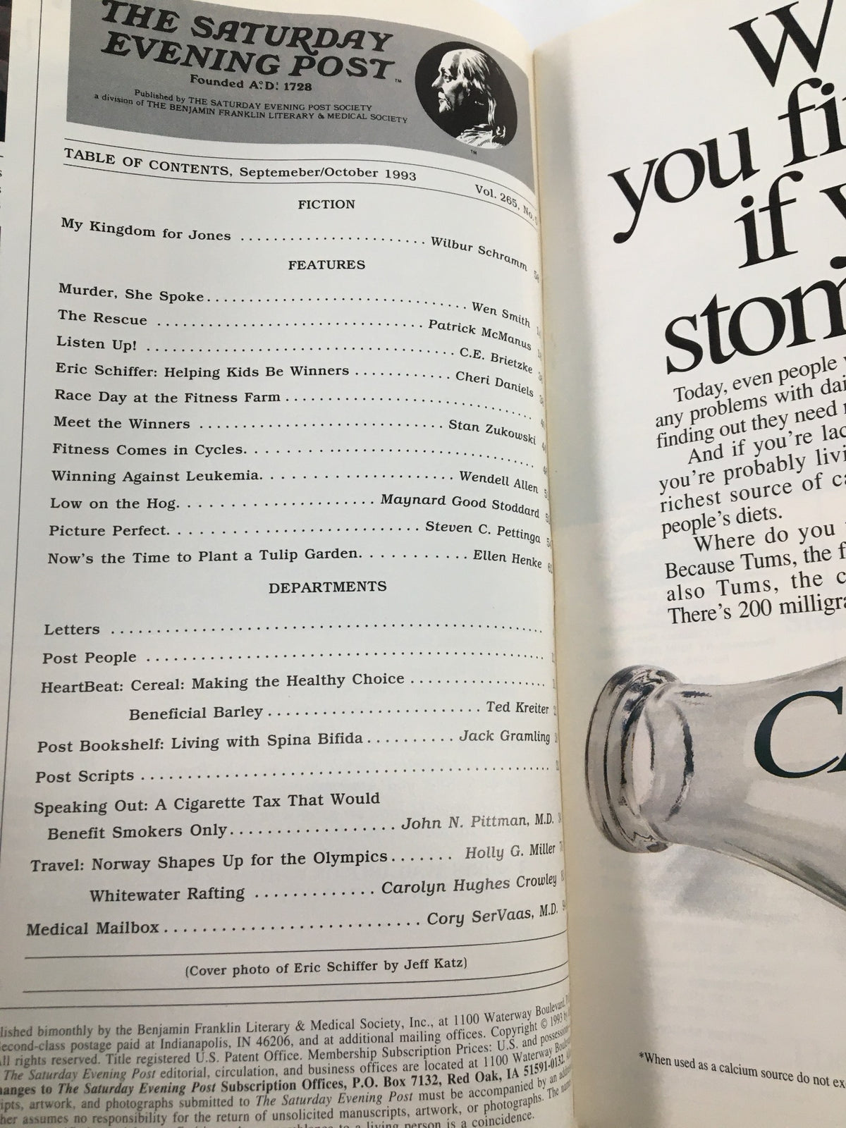 Table of contents from The Saturday Evening Post September 1993, listing features and articles including works by Eric Schiffer and Patrick McManus, providing a glimpse of the issue's engaging narratives and themes.