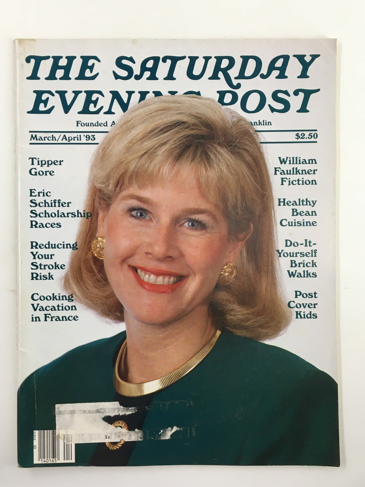 Cover of The Saturday Evening Post March 1993 featuring Tipper Gore and Eric Schiffer, highlighting scholarship races and cultural commentary from the early 90s.