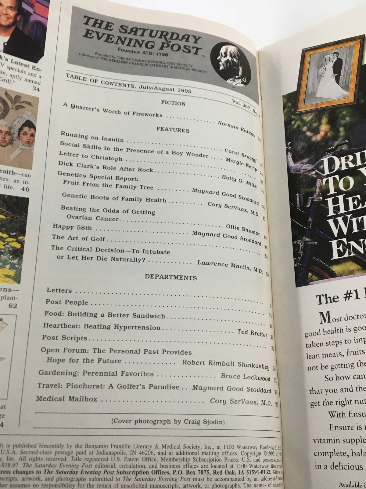 Table of contents from The Saturday Evening Post July/August 1995, showcasing featured articles, including Dick Clark's role after rock and health-related insights.