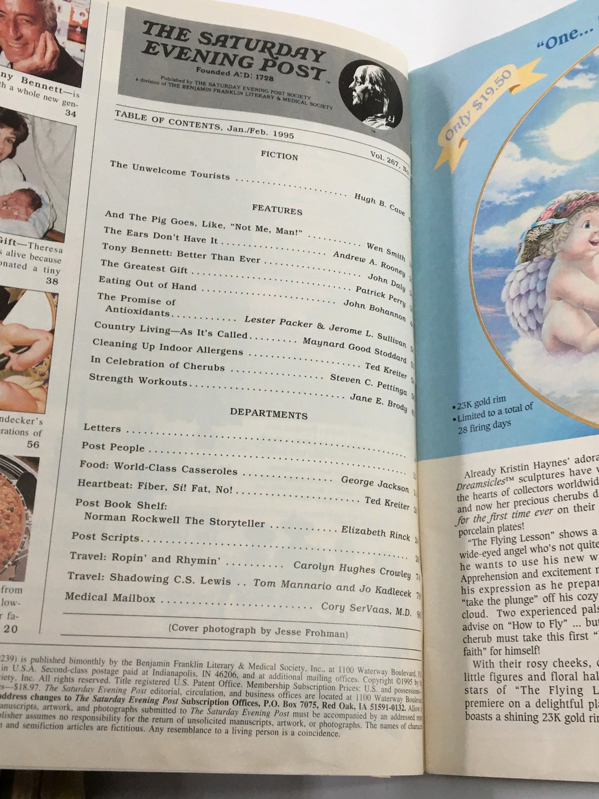 Table of contents for The Saturday Evening Post January 1995 featuring Tony Bennett and articles on strength workouts. Highlights key sections including fiction, food, and travel.