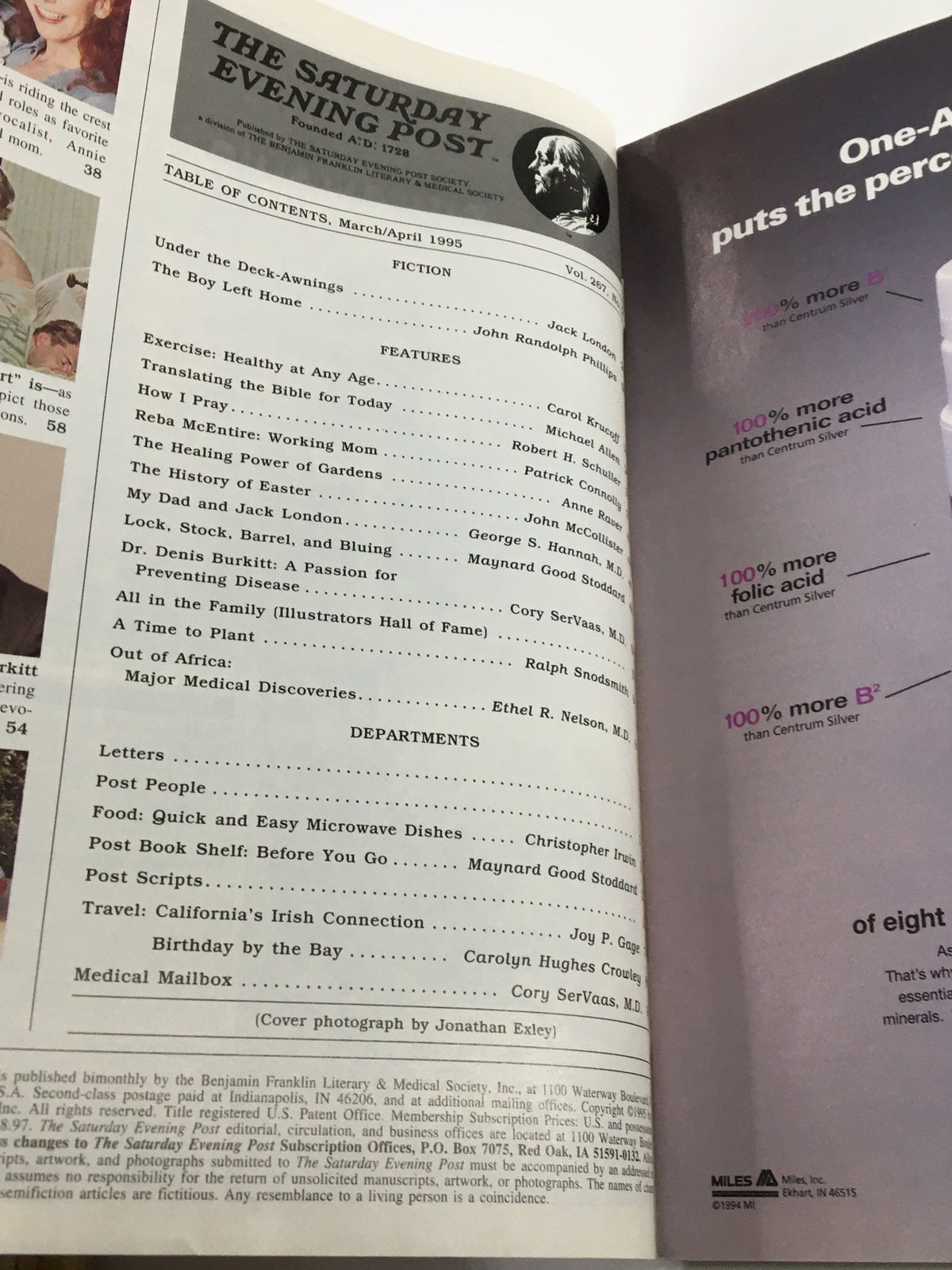 Inside page of The Saturday Evening Post March 1995, displaying the table of contents with features on Reba McEntire, Robert Schuller, and topics relevant to the 1990s.