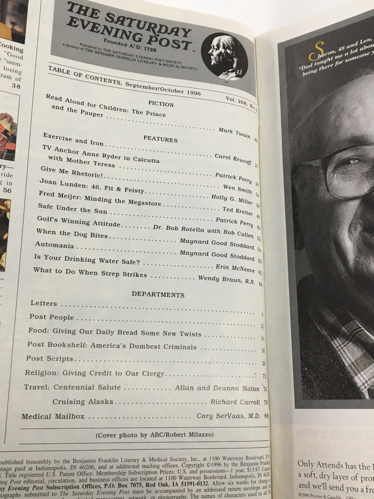 Table of Contents from The Saturday Evening Post September/October 1996 edition, highlighting articles and features including healthy cooking and nutrition.