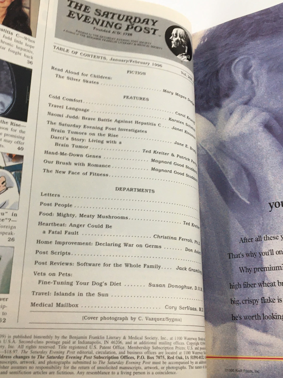 Table of Contents from The Saturday Evening Post January 1996 issue featuring Naomi Judd discussing her battle against Hepatitis C. The layout showcases article titles and features from the magazine, highlighting the cultural significance of the era.