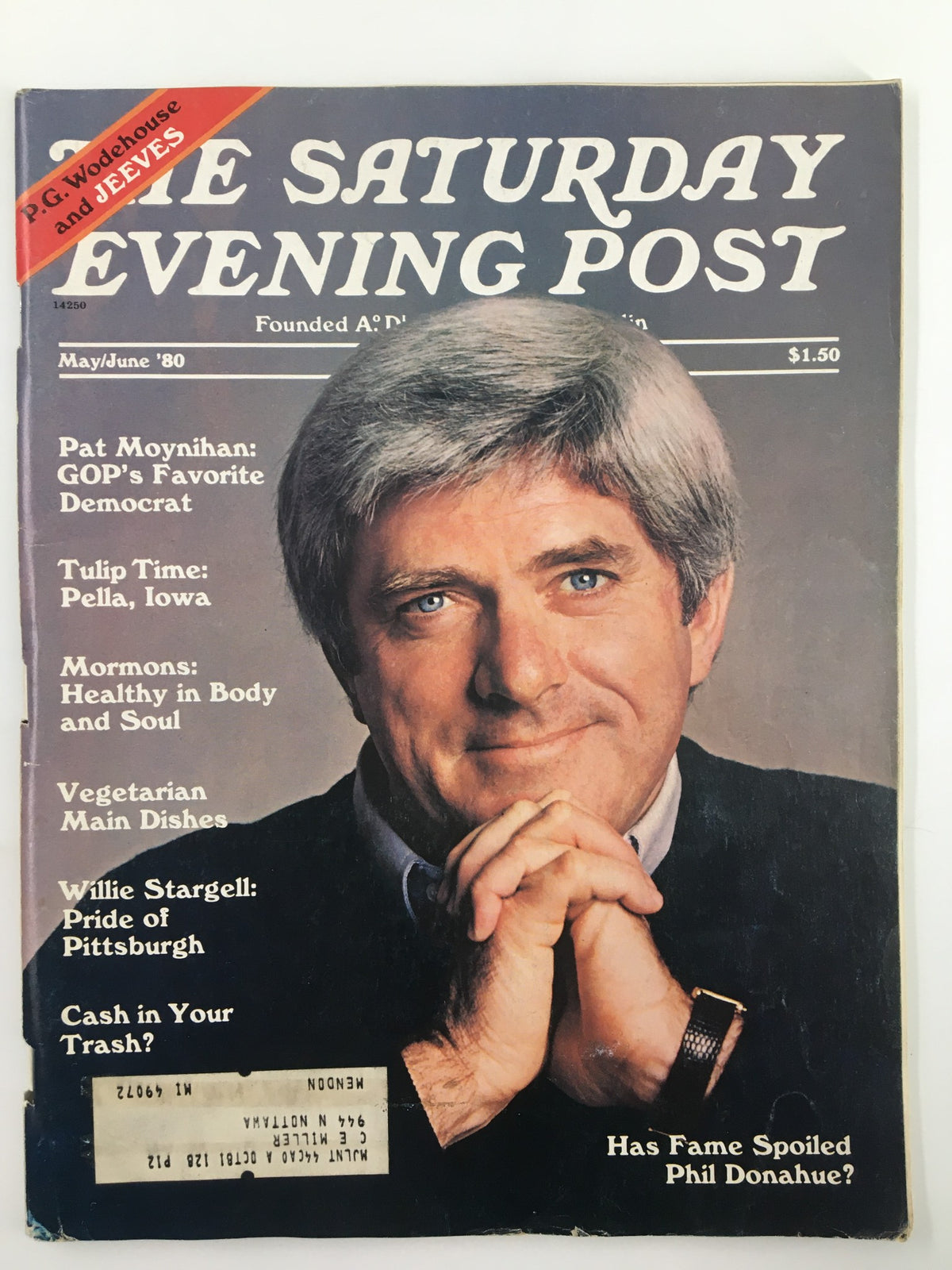 Cover of The Saturday Evening Post, May/June 1980 edition featuring Pat Moynihan titled 'GOP's Favorite Democrat'. The cover displays a portrait of a middle-aged man with silver hair, clasped hands, and a tranquil expression, along with various article titles and price information.