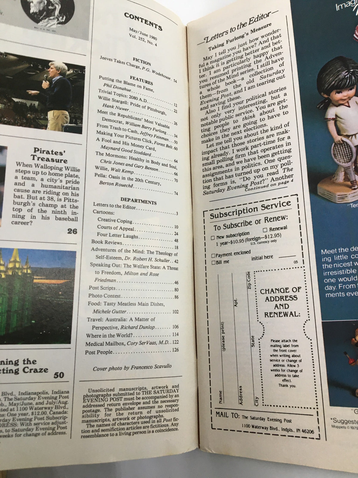 Inside spread of The Saturday Evening Post, May/June 1980 edition, showcasing the table of contents with article titles such as 'The Mormons: Healthy in Body and Soul' and 'Democrat, William Barry Feirman'. The layout includes subscription and address change information.