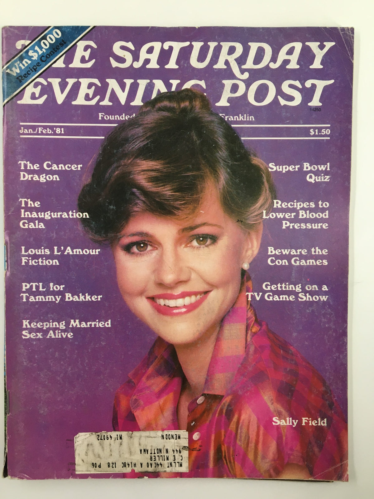 The Saturday Evening Post January 1981 cover featuring Sally Field smiling, showcasing articles on cancer awareness, cookbook, and fiction by Louis L'Amour. Vintage magazine with classic early 1980s design.