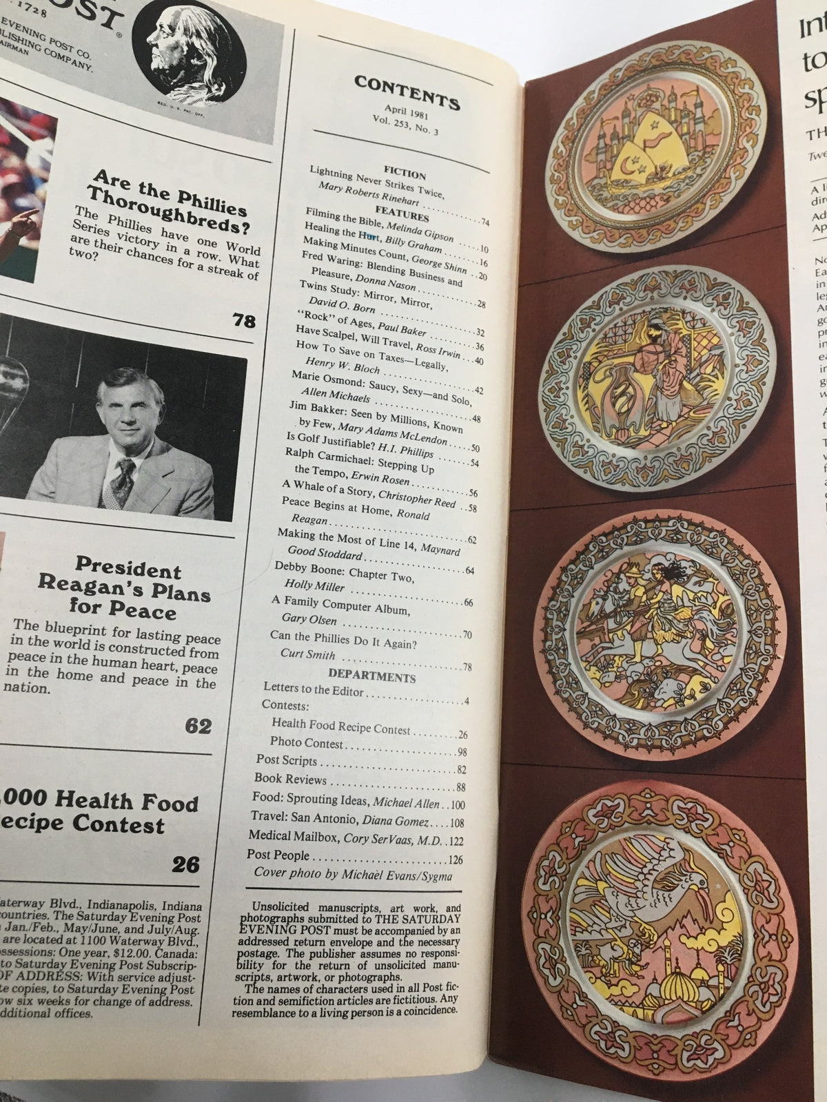 Interior page of The Saturday Evening Post April 1981, showing the contents list with articles including President Reagan's plans for peace and various features.