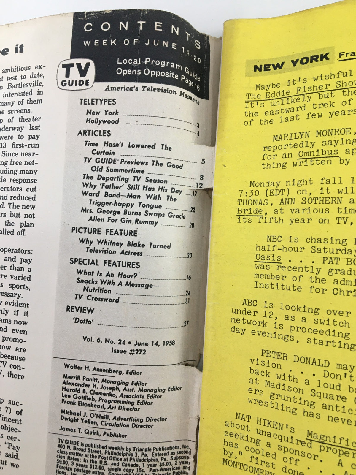 TV Guide Magazine June 14 1958 displaying the table of contents, highlighting articles and features relevant to television programming during that era.