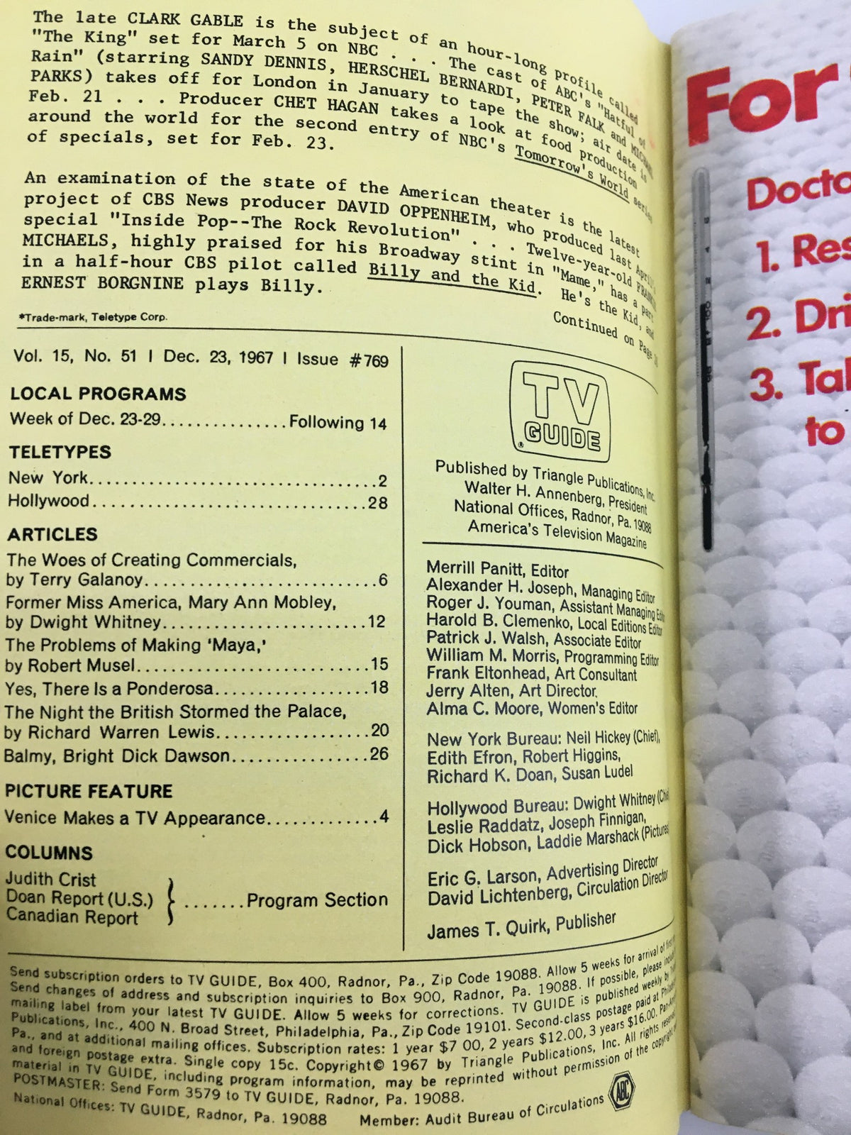 Inside pages of TV Guide Magazine December 23 1967, displaying articles on television programming and its historical context.
