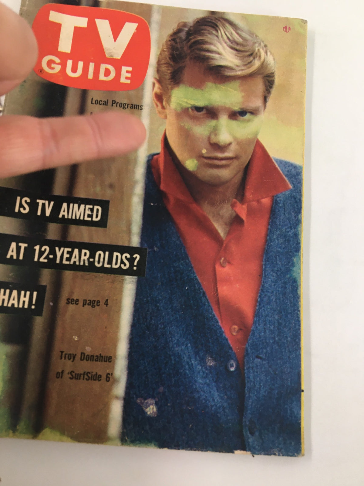 Close-up of TV Guide Magazine August 19 1961 cover with Troy Donahue, highlighting the question about programming for 12-year-olds. Unique collectible magazine.