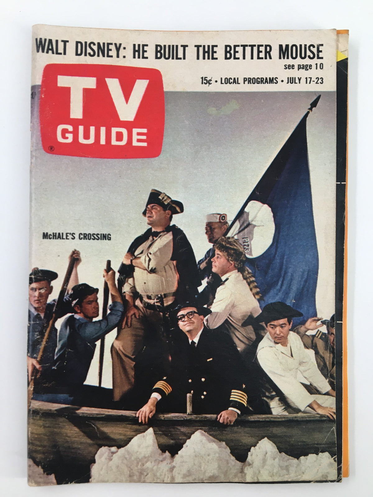 TV Guide Magazine July 17 1965 featuring McHale's Crossing on the cover, showcasing a group of characters in a boat with a flag, reflecting the vintage television era.