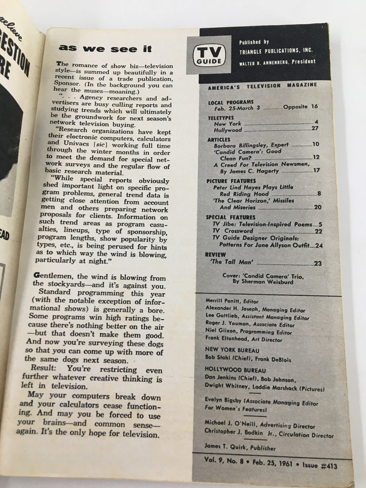 Interior page of TV Guide Magazine February 25, 1961 featuring an article discussing television industry insights, illustrating the magazine's historical context.