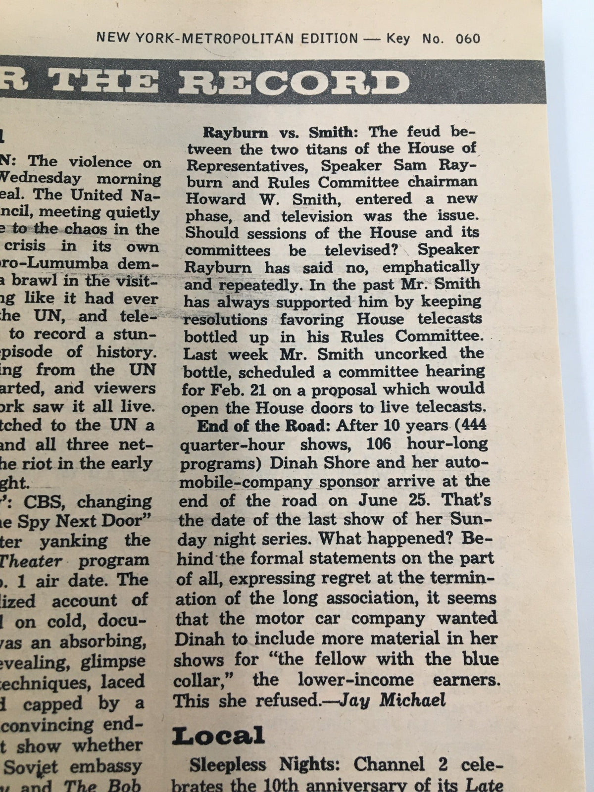 News article excerpt from TV Guide Magazine February 25, 1961, detailing the feud between politicians and the impact of television on political broadcasting.