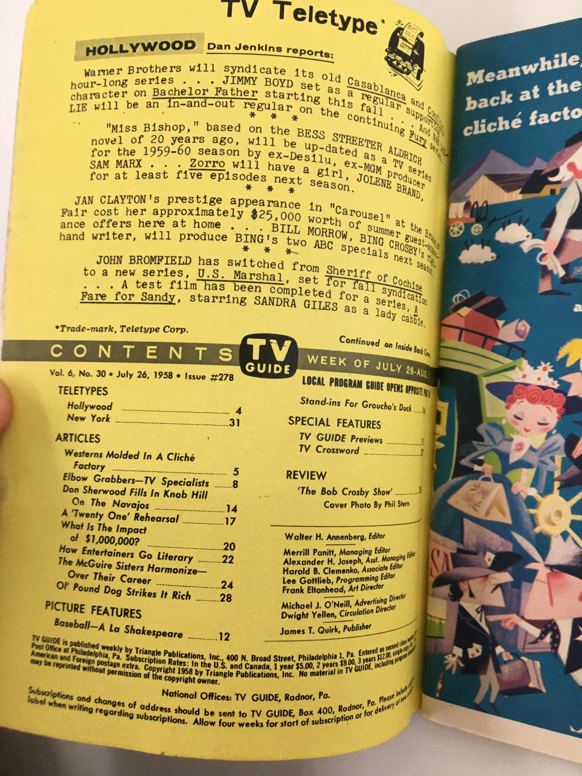 Inside page of TV Guide Magazine July 26, 1958 showcasing TV Teletype section with listings and articles. This page reflects the entertainment trends and television programming of the late 1950s.