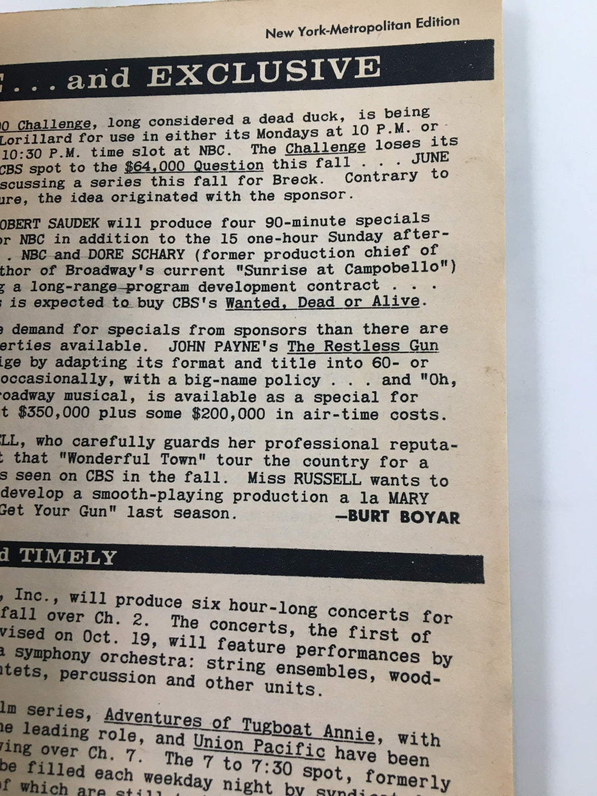 Another segment from the TV Guide Magazine July 26, 1958 displaying exclusive features and upcoming shows from the New York Metropolitan Edition, capturing the era's television landscape.
