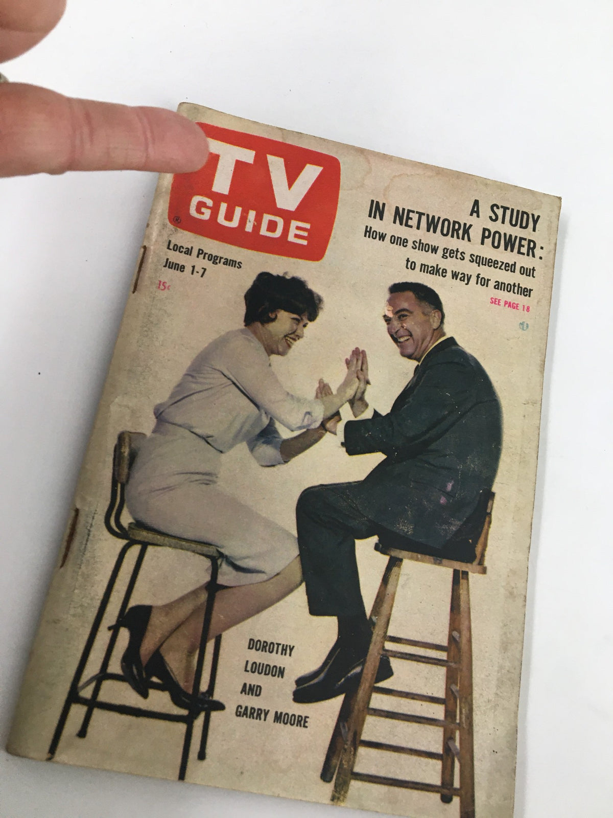 Close-up of TV Guide Magazine June 1 1963, highlighting Dorothy Loudon and Garry Moore, with a focus on the vintage cover design.