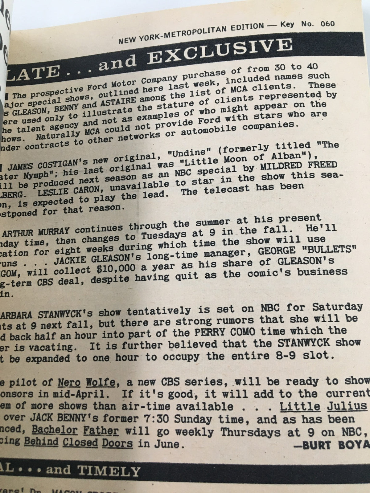An interior page from TV Guide Magazine, April 11, 1959, featuring discussions about upcoming TV shows and schedules. This page provides insights into television programming during the late 50s, detailing plans for series like Barbara Stanwyck's show and casting updates for Nero Wolfe. Relevant to collectors and fans of vintage television history.