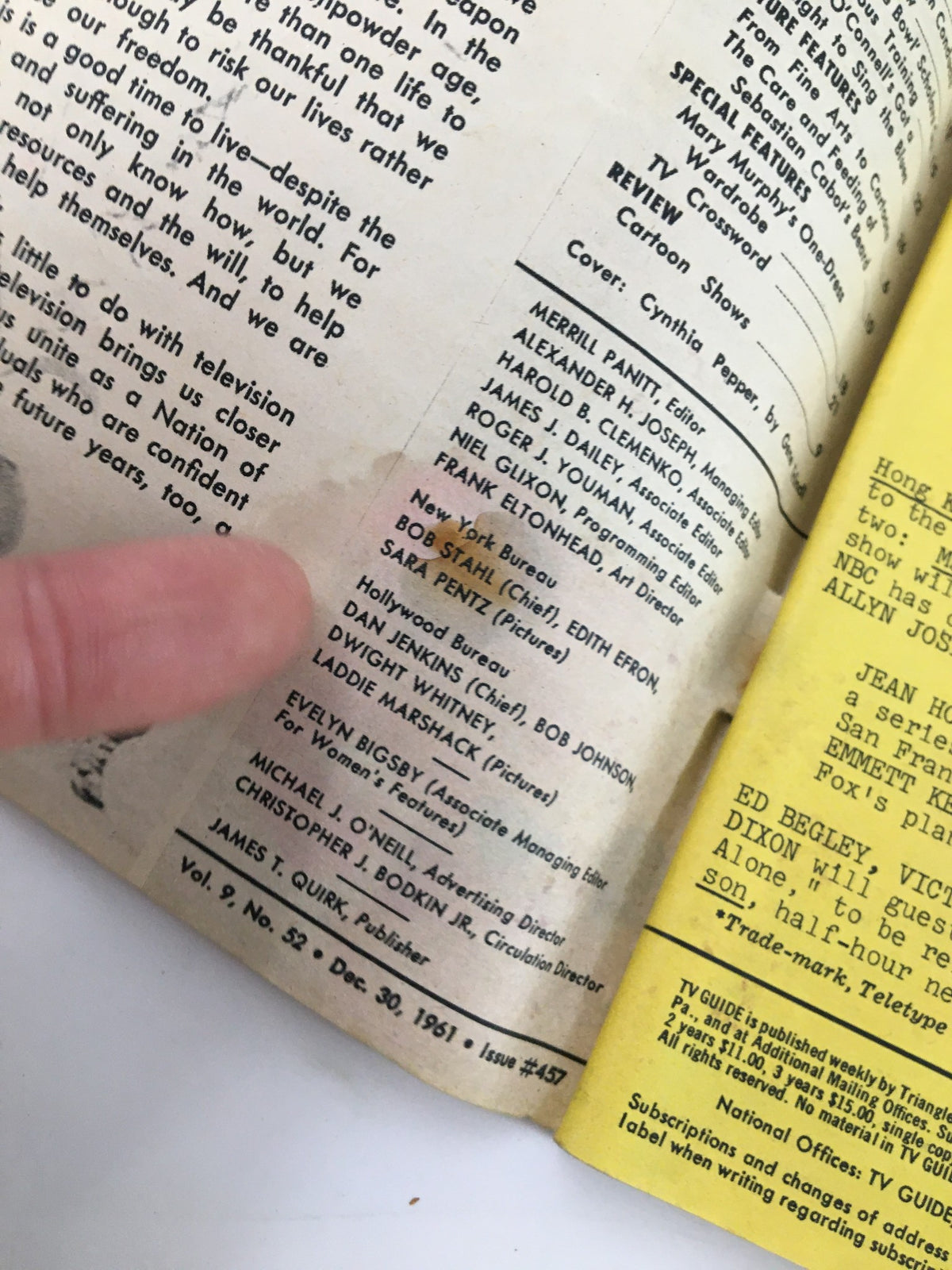 Inside page of TV Guide Magazine December 30 1961 showing a detailed list of contents, featuring an editorial note and information about shows during that era.