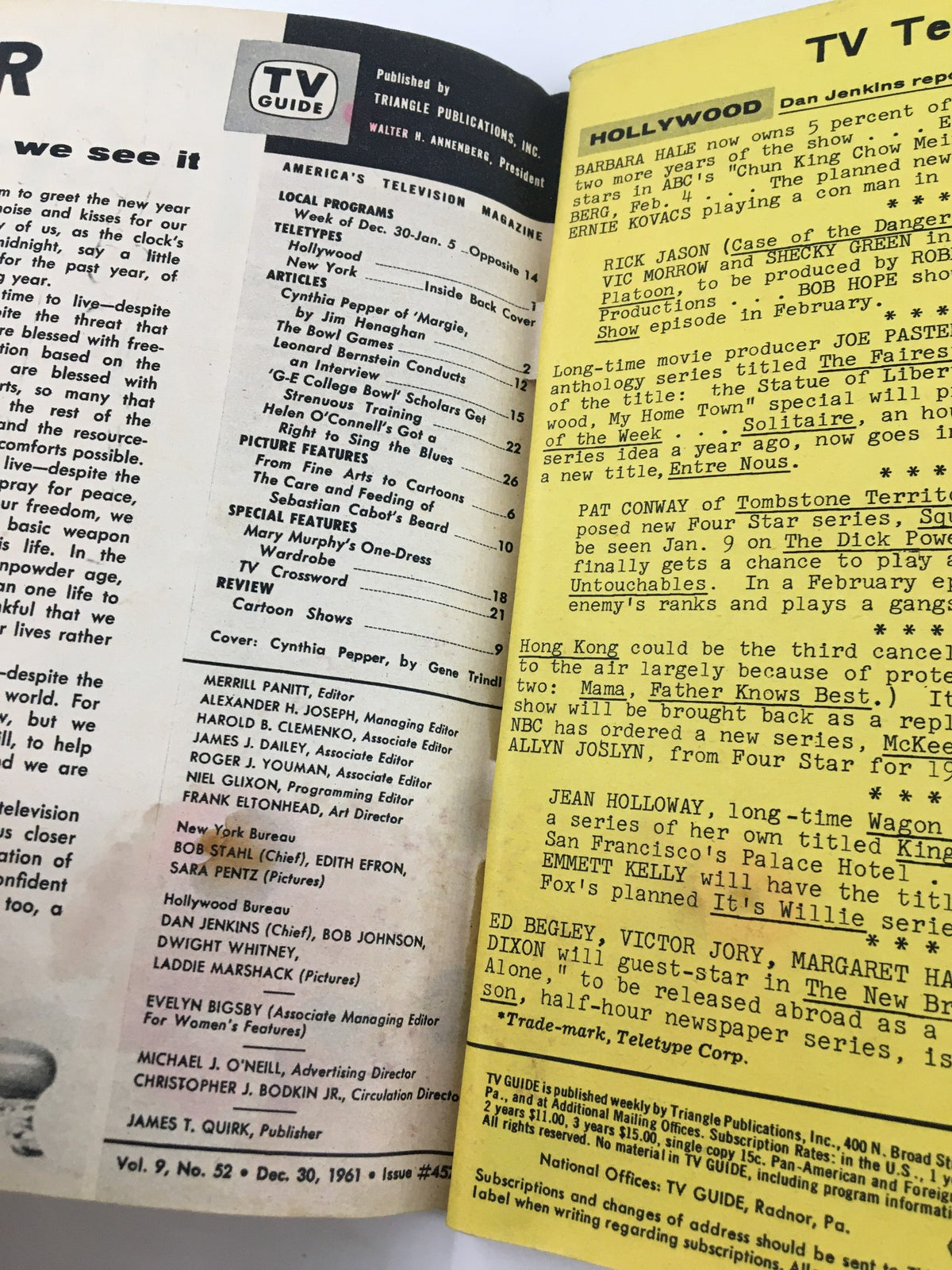 Another inside page of TV Guide Magazine December 30 1961, revealing article titles and features, highlighting Cynthia Pepper and various television programs.
