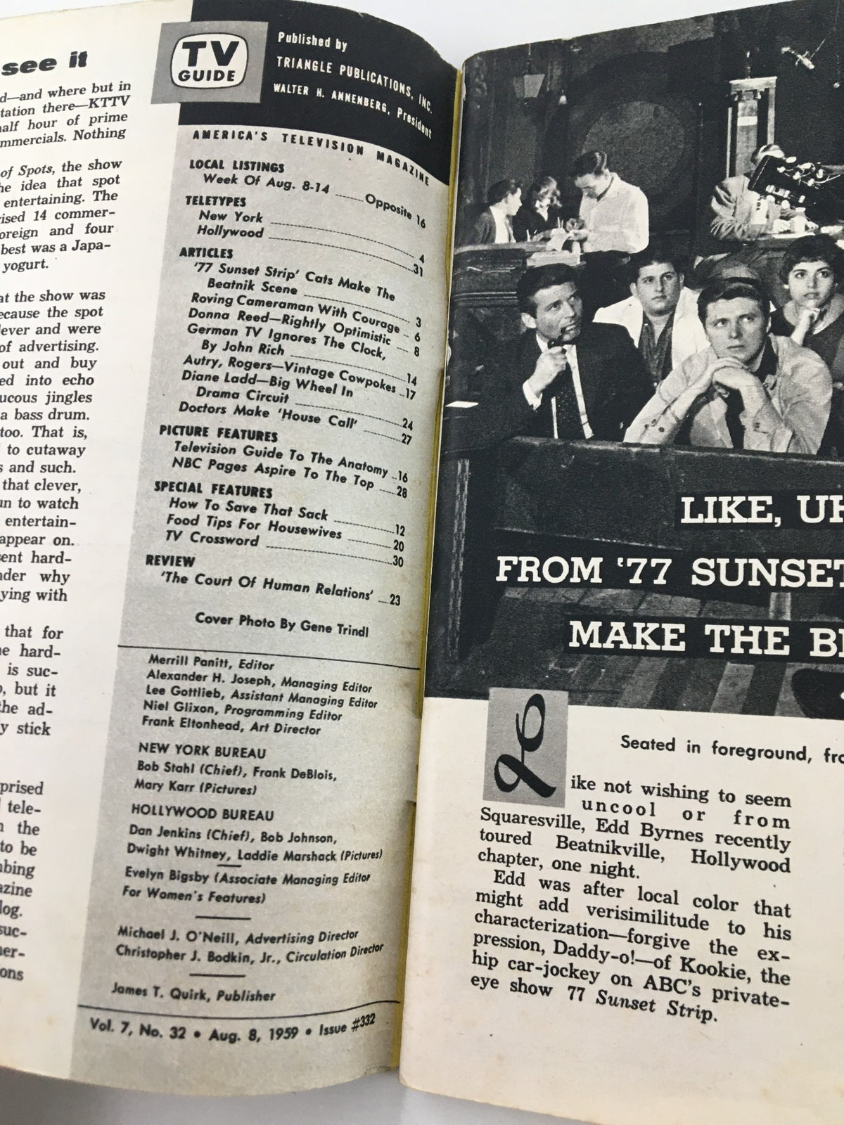 Interior page of TV Guide Magazine August 8, 1959 showcasing local listings and articles about popular television shows of the time, emphasizing its historical significance in television history.