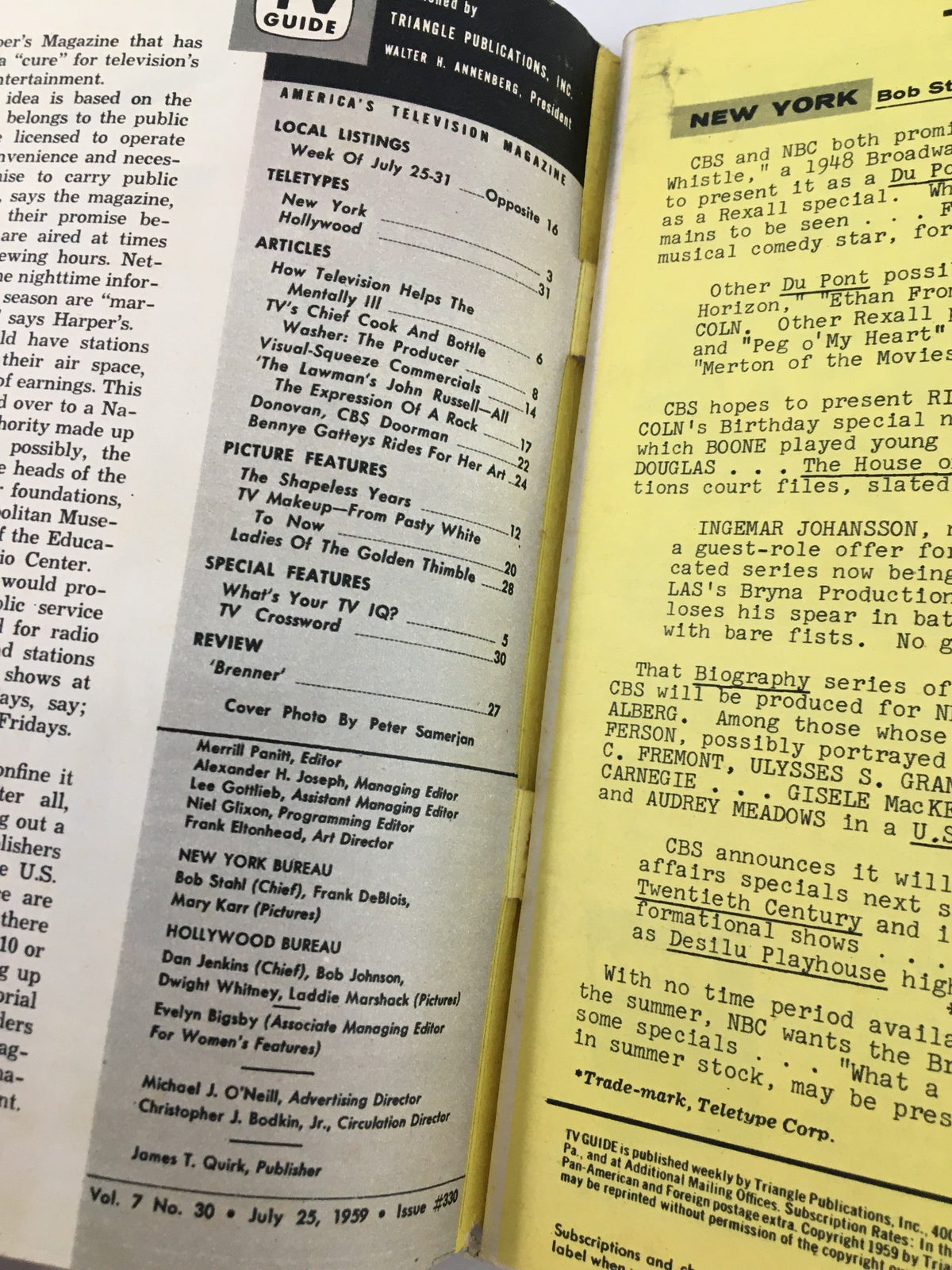 Inside page of TV Guide Magazine July 25 1959, featuring articles and local listings, showcasing the television landscape of the late 1950s.