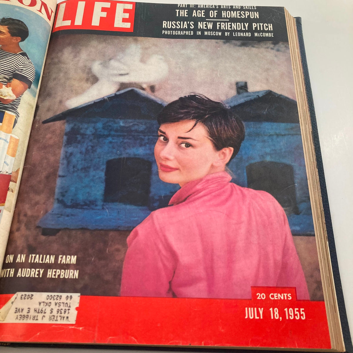 Cover of VTG 1955 Bound Life Magazine July 18 with actress Audrey Hepburn photographed on an Italian farm, depicting cultural insights from mid-20th century Europe.