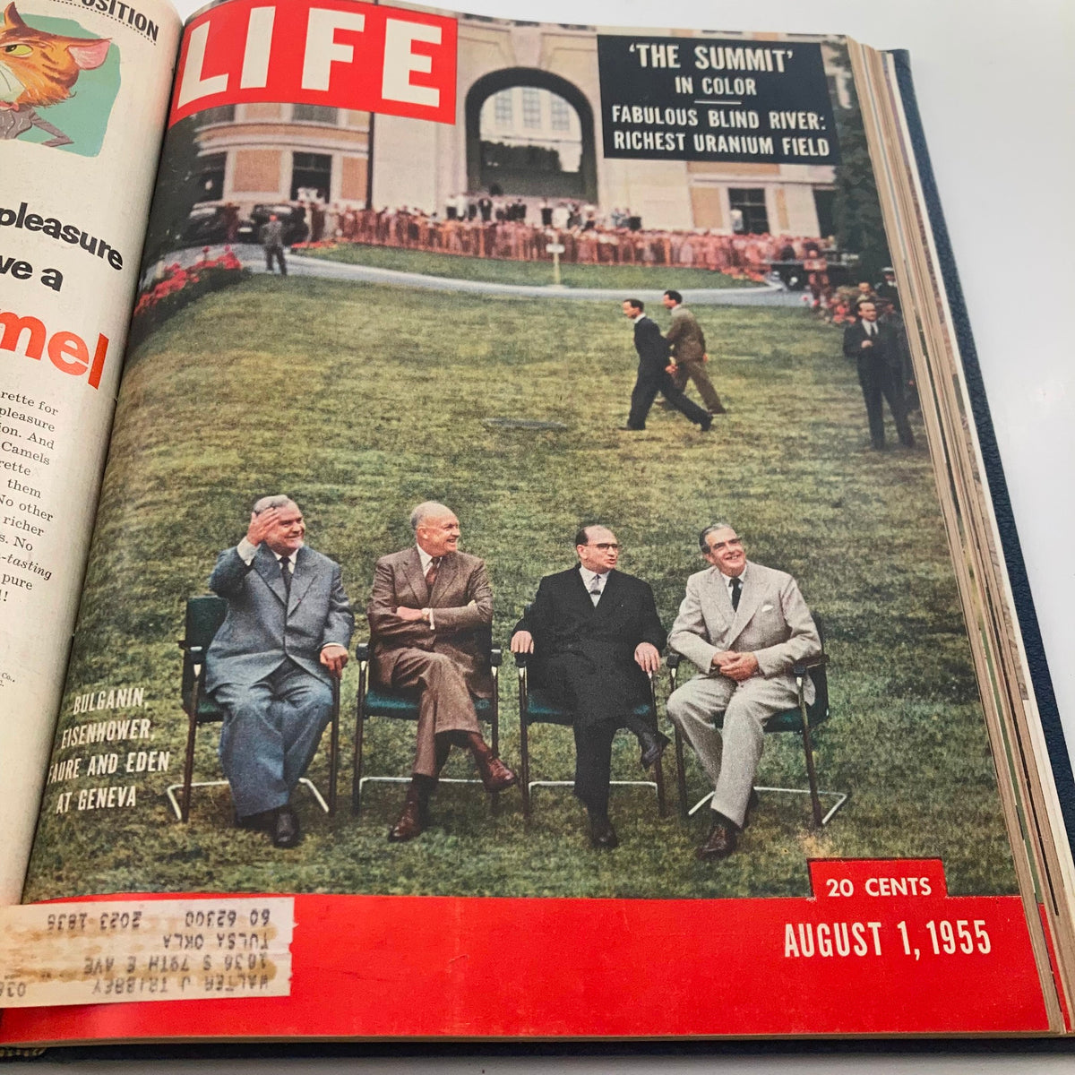 Illustration from VTG 1955 Bound Life Magazine August 1 showing prominent political figures seated at The Summit, reflecting key historical moments.