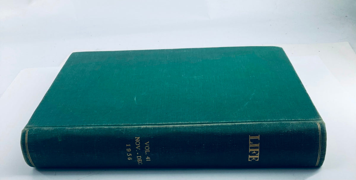 Side view of the Vintage 1956 Bound LIFE Magazine, Volume 41, showcasing its green spine and classic design, ideal for vintage magazine collectors.