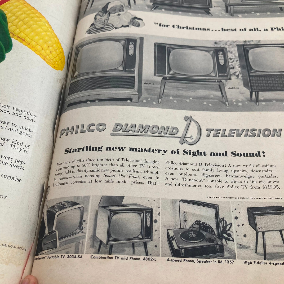 Inside page of Vintage 1956 Bound LIFE Magazine with an advertisement for Philco Diamond D Televisions highlighting advancements in television technology for holiday gifts.