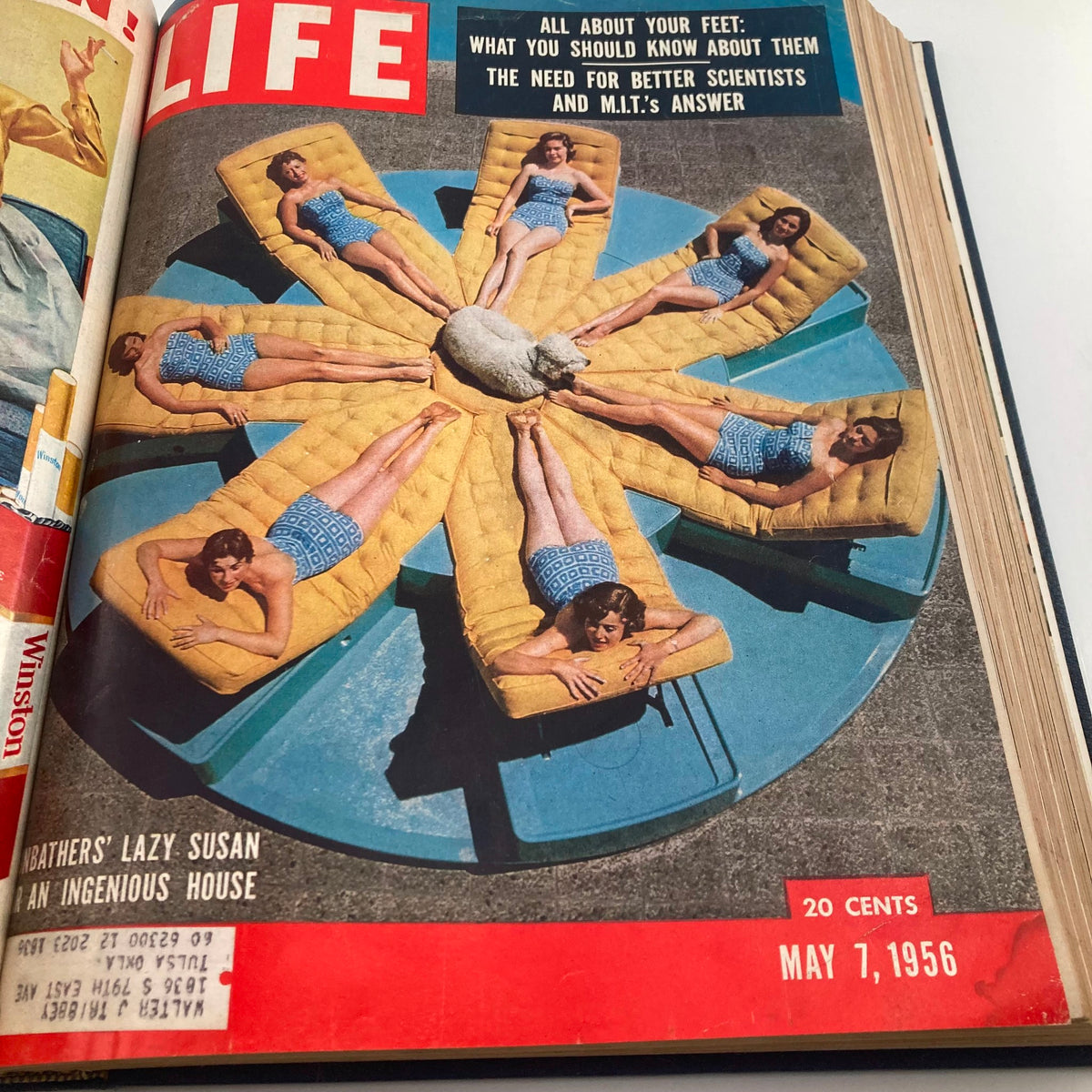 Vintage 1956 Bound Life Magazine cover showcasing a unique bathing setup titled 'Bathers' Lazy Susan', dated May 7, 1956.