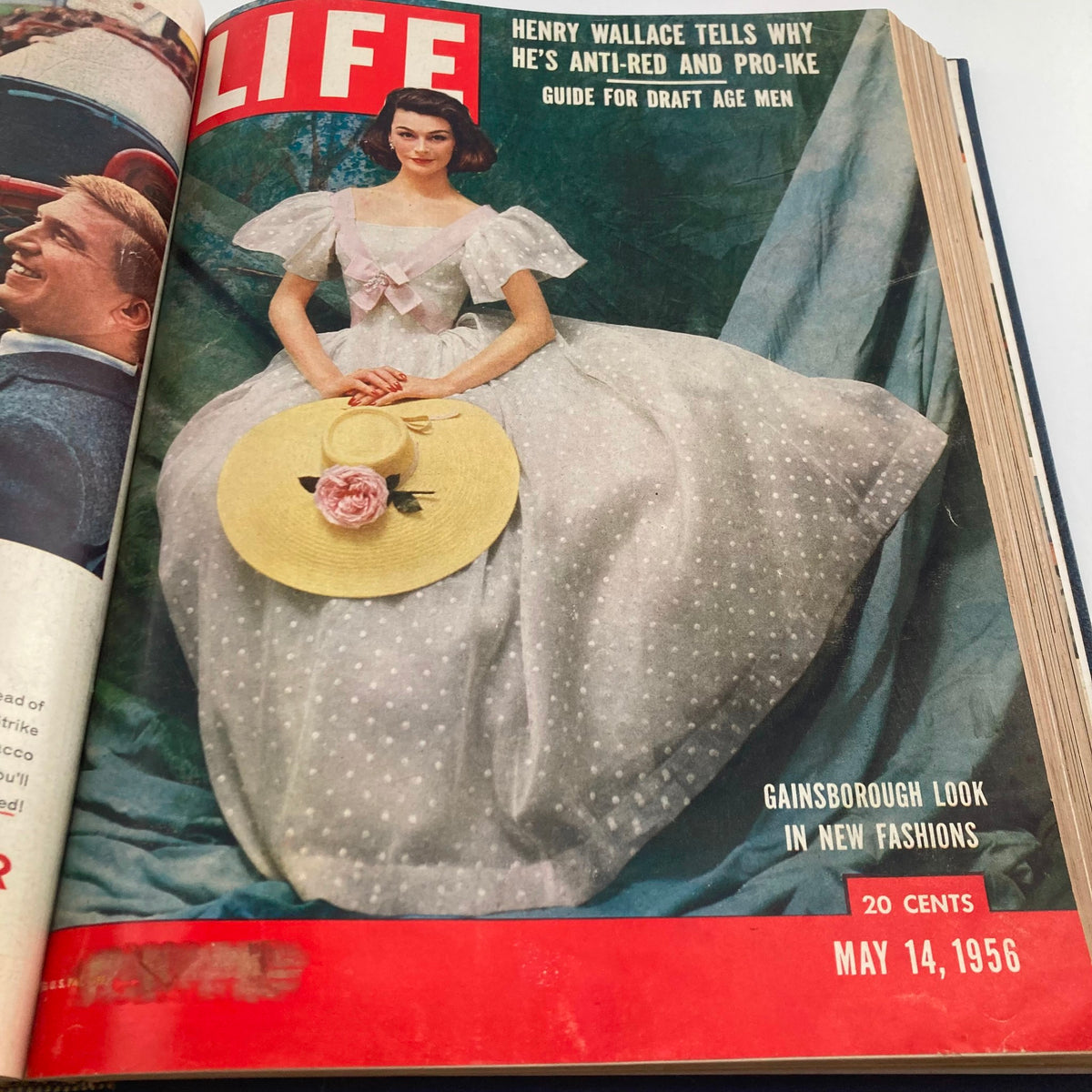 Vintage 1956 Bound Life Magazine cover highlighting a fashion feature with a model in a Gainsborough look, dated May 14, 1956.