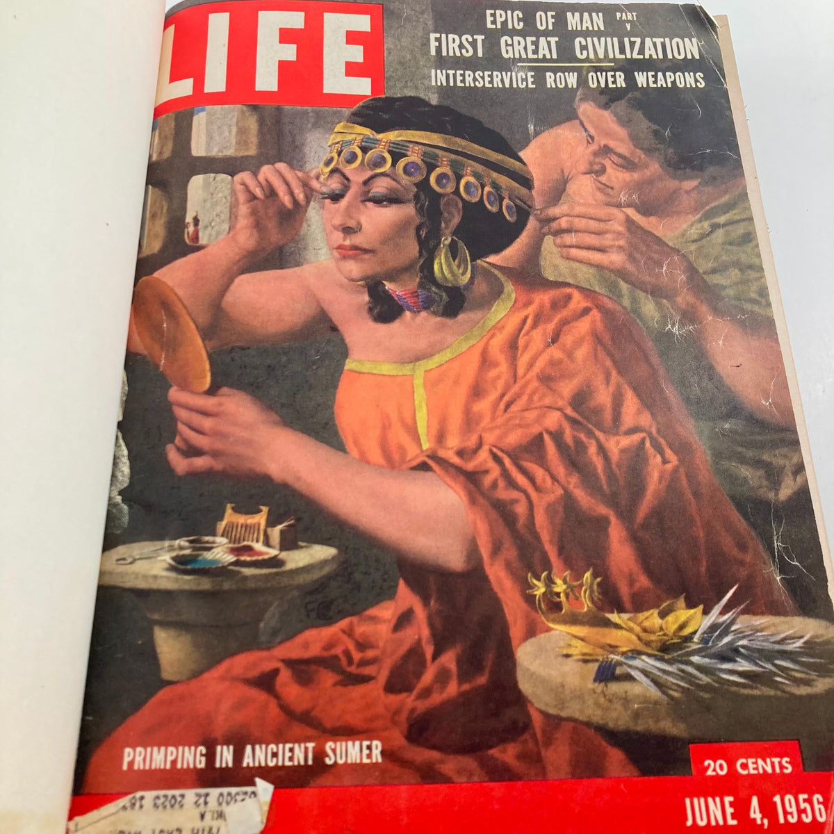 LIFE Magazine cover from June 4, 1956, depicting a woman in ancient Sumer applying cosmetics, representing 'First Great Civilization'.
