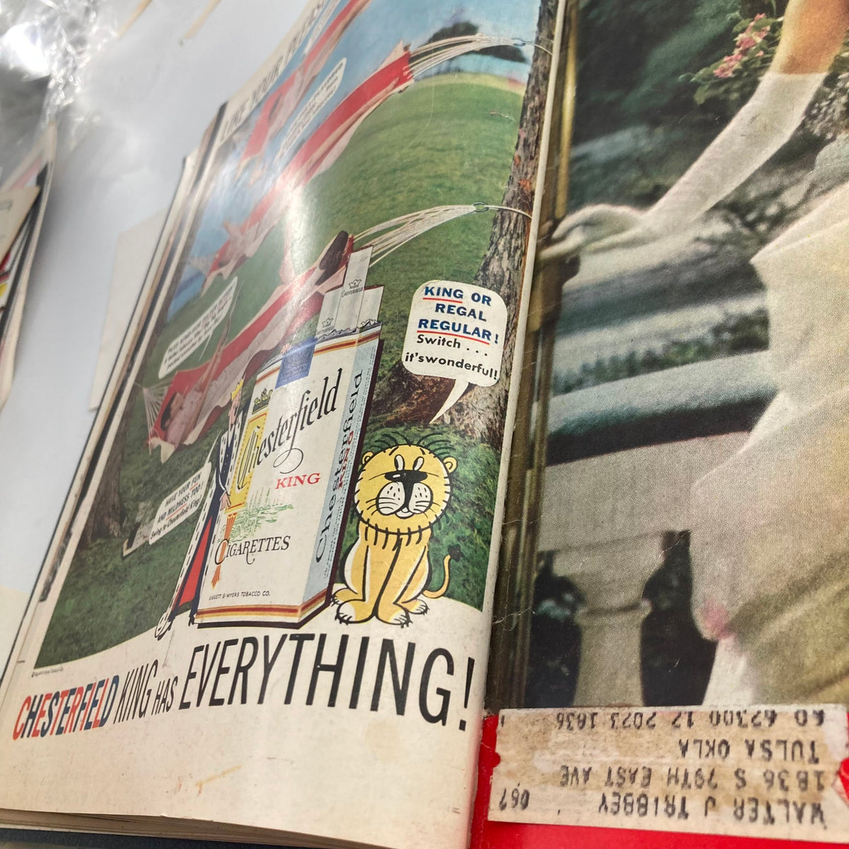 Advertisement in the VTG 1957 Bound Life Magazine showcasing Chesterfield cigarettes with a playful lion graphic.