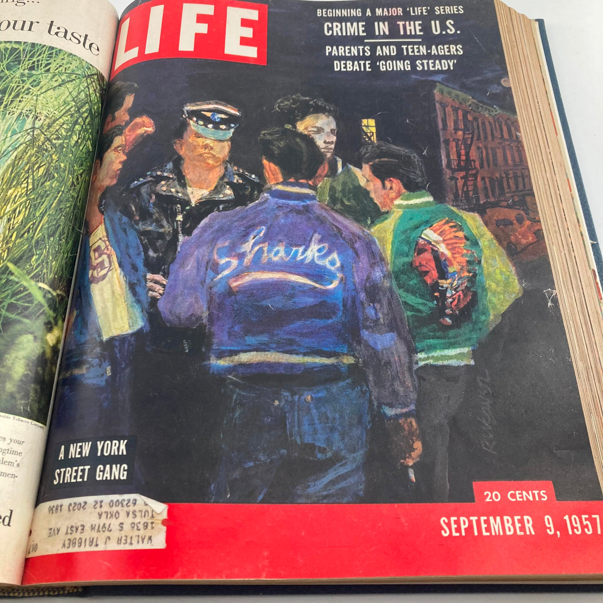 Cover of VTG 1957 Bound Life Magazine depicting a New York street gang, from the September 9, 1957 issue, showcasing societal issues and youth culture of the era.